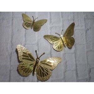 Set Of 3 Home Interiors & Gifts Gold Metal Butterflies Wall Decor Made In USA